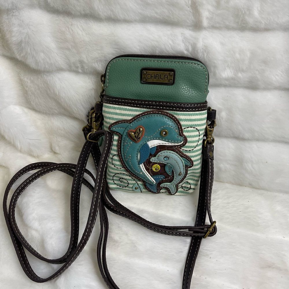 CHALA Dolphins cellphone crossbody/handbag blue,green and beige brown tr…